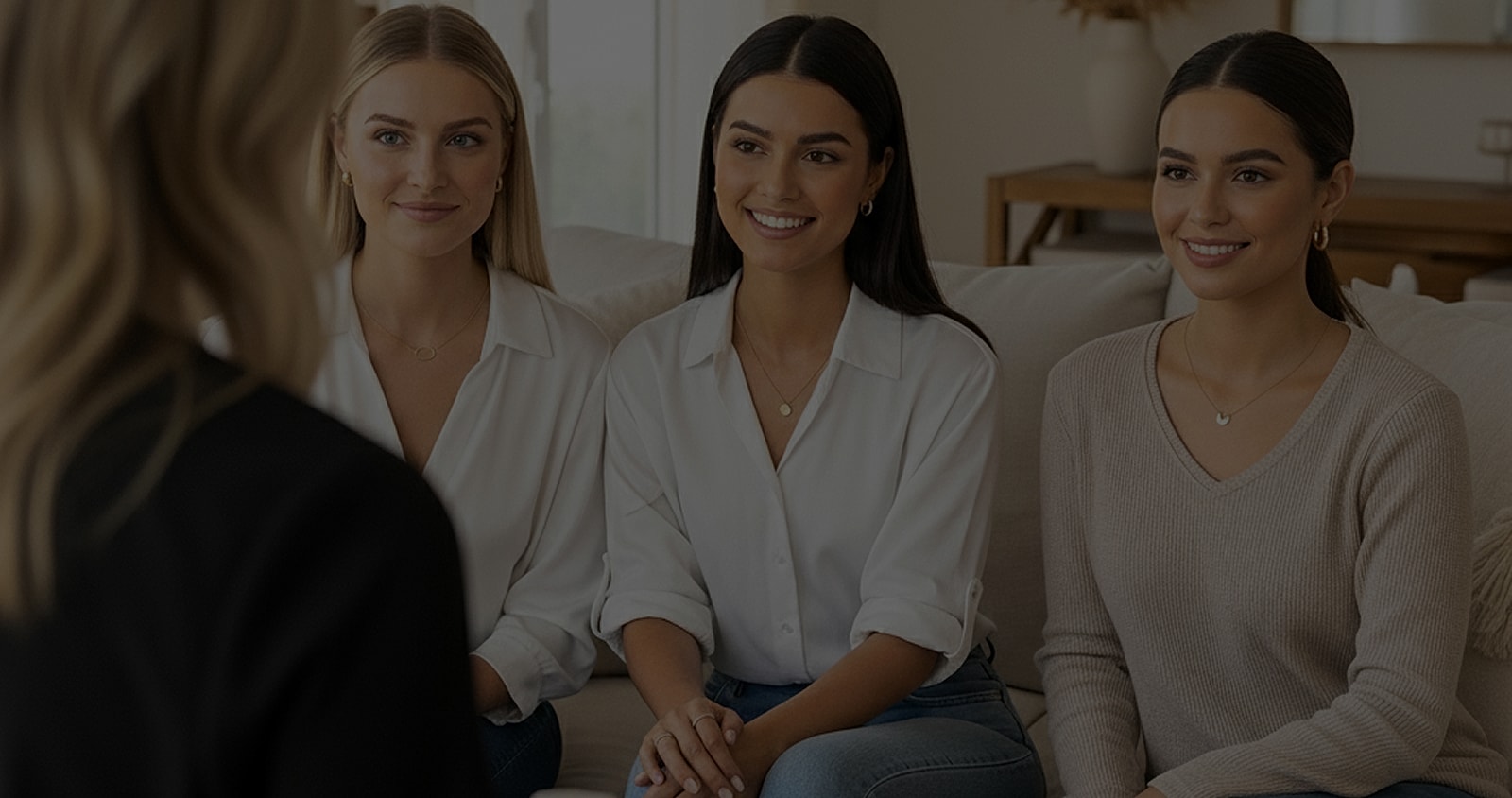 Three women smiling in a casual discussion.