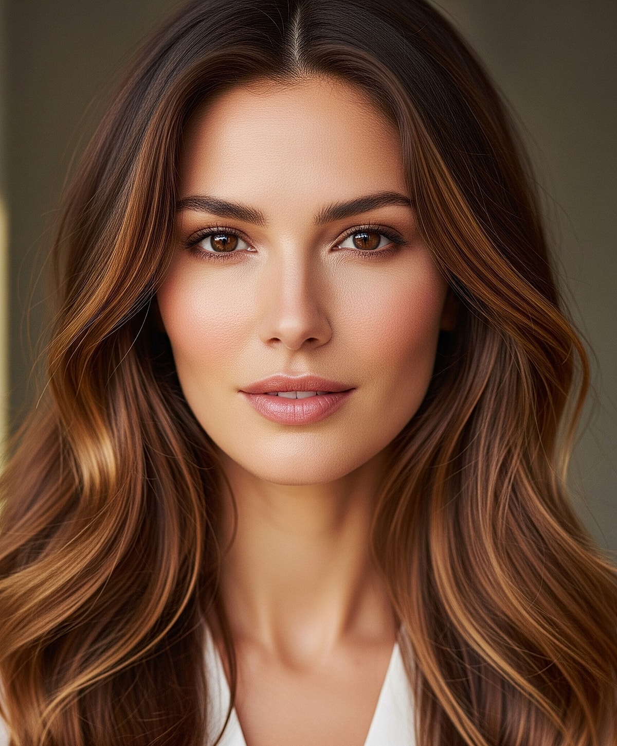 Woman with long, flowing hair and natural makeup.