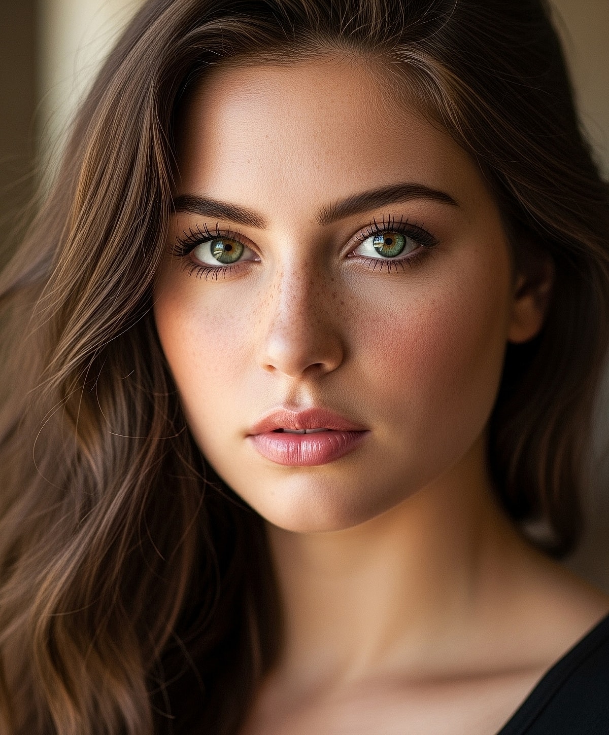 Close-up portrait of a young woman with freckles.