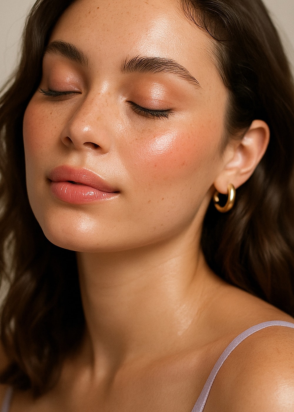 Close-up of woman with natural makeup and jewelry.