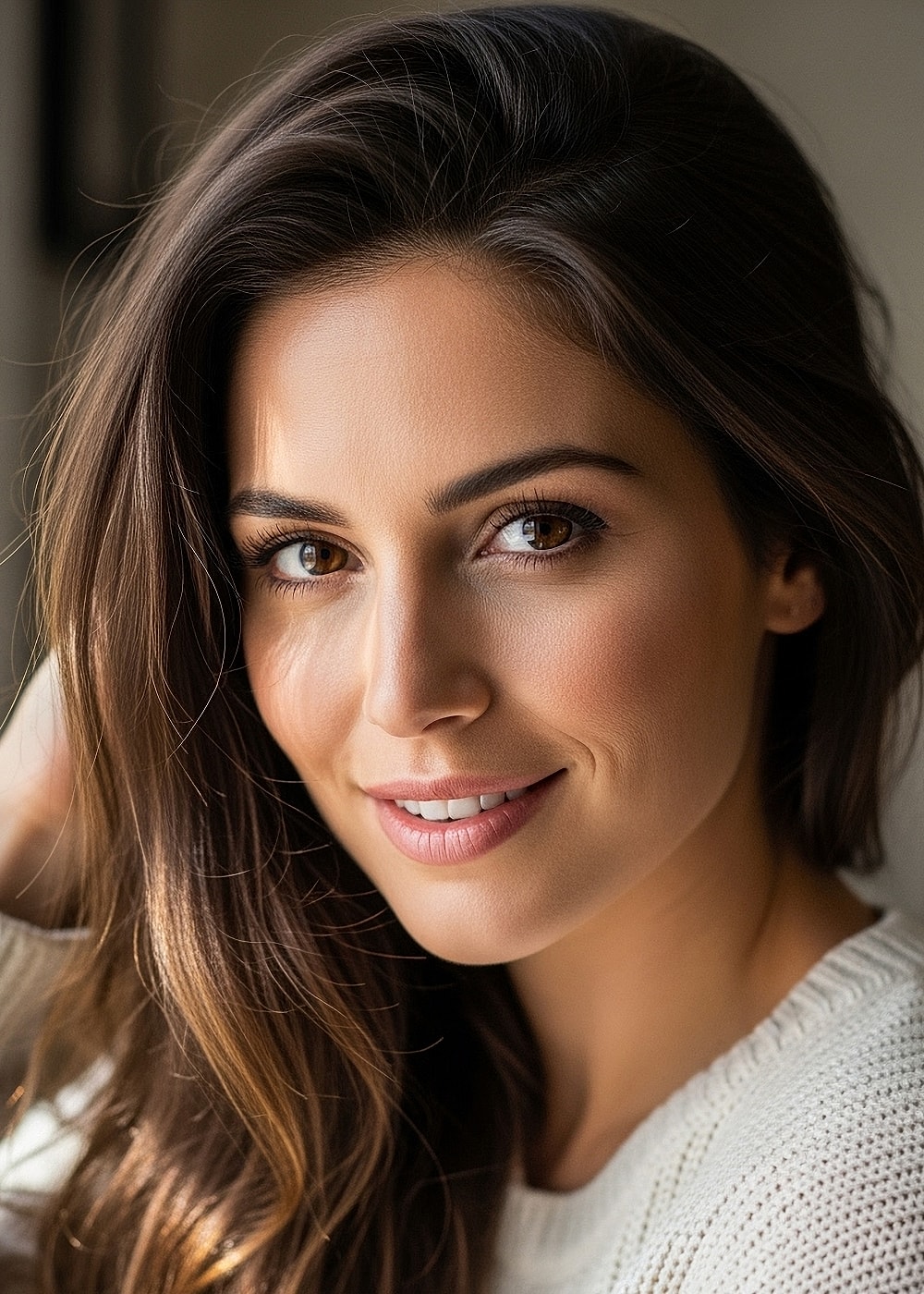 Smiling woman with long brown hair indoors.