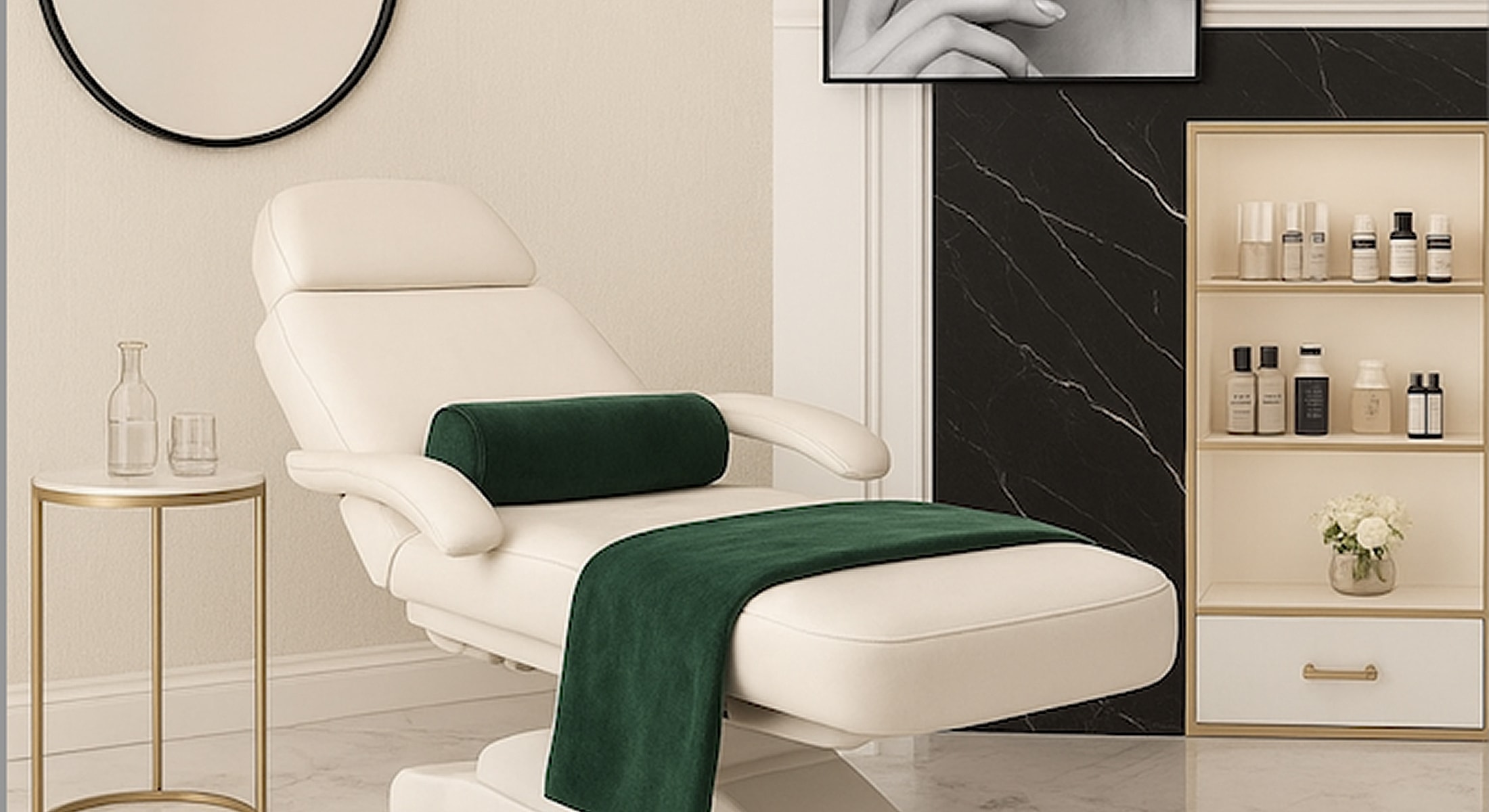 Modern spa treatment room with massage chair.