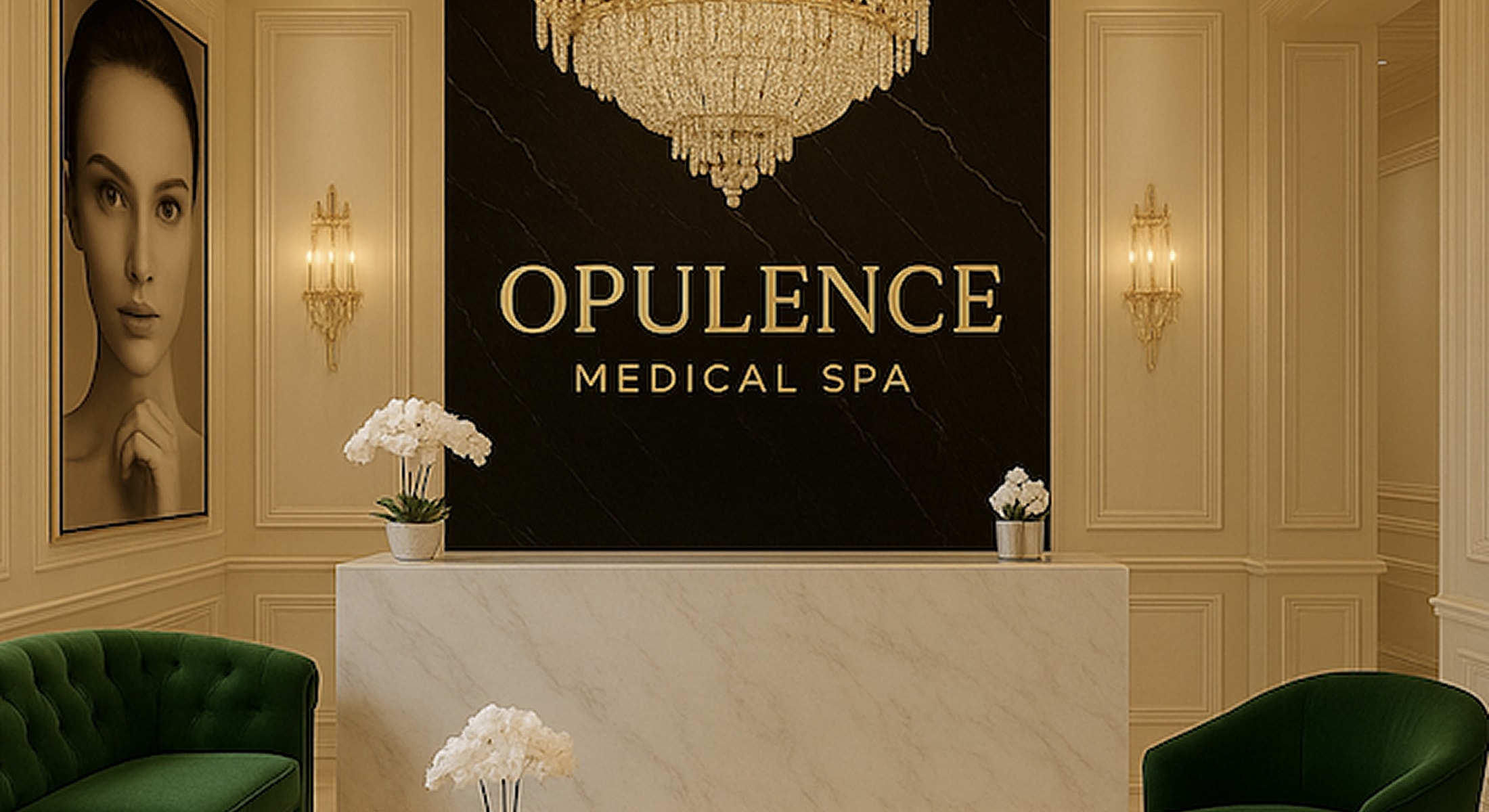 Luxurious medical spa reception with elegant decor.